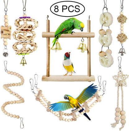 8-Piece Natural Wood Parrot Toy & Swing Set