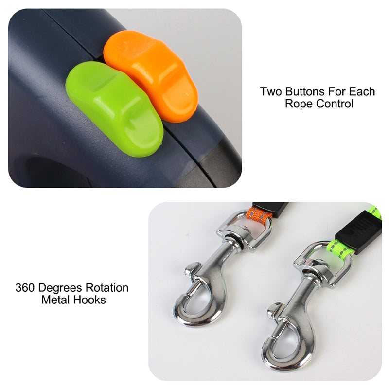 Retractable Dual Dog Leash with 360° Swivel & Flash Light