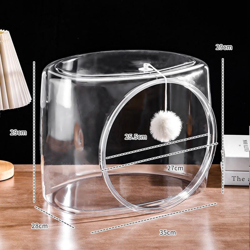 Transparent Square Cat House Bed with Teaser Ball
