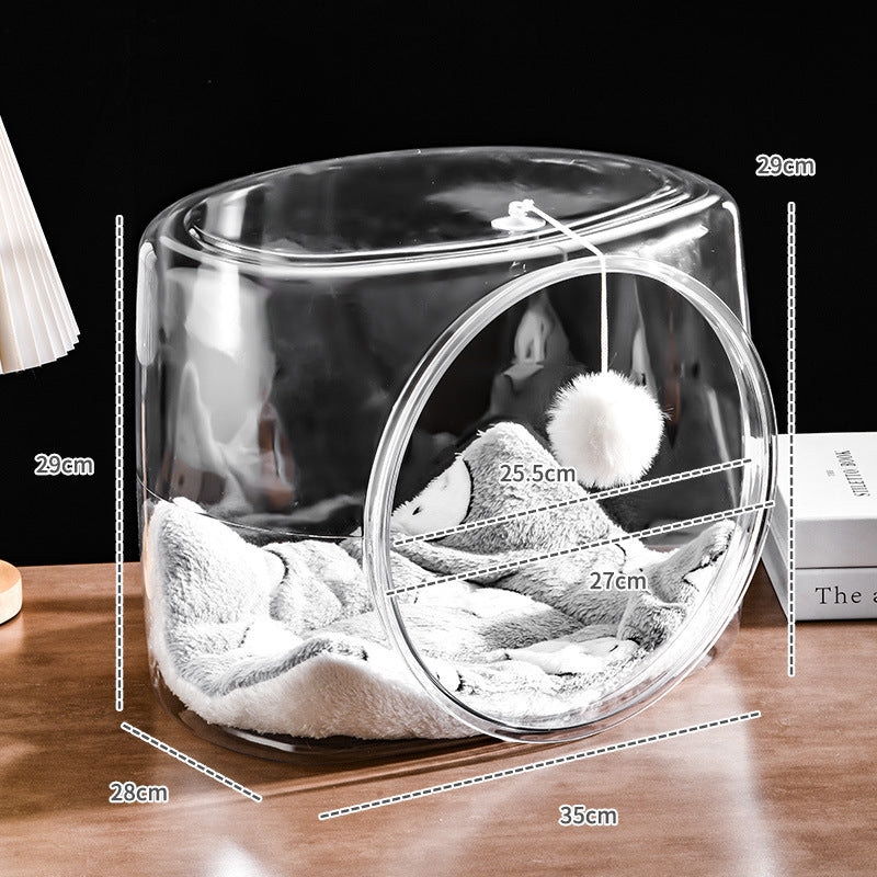 Transparent Square Cat House Bed with Teaser Ball