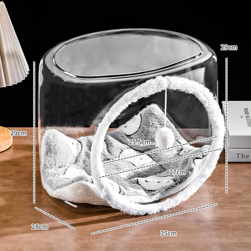 Transparent Square Cat House Bed with Teaser Ball
