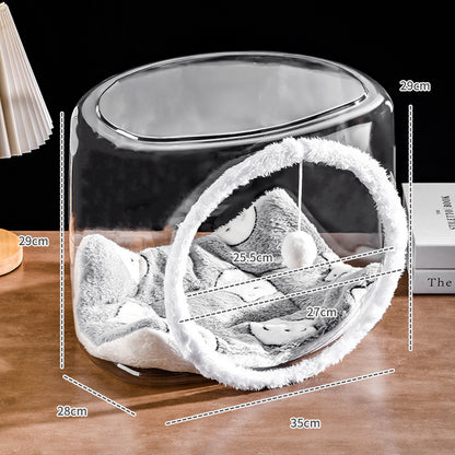 Transparent Square Cat House Bed with Teaser Ball