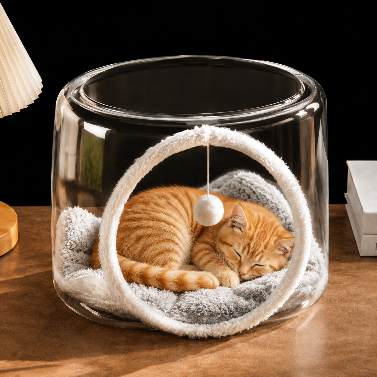 Transparent Square Cat House Bed with Teaser Ball