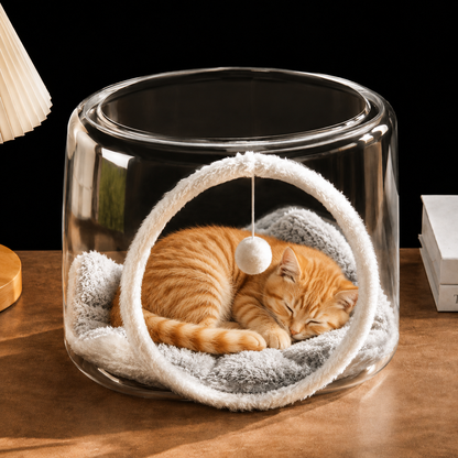 Transparent Square Cat House Bed with Teaser Ball