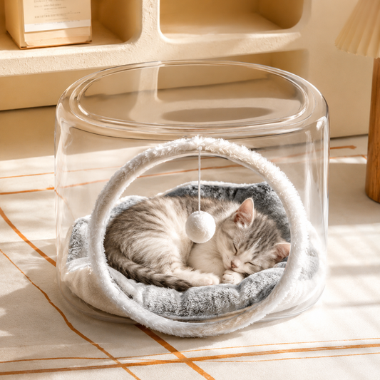 Transparent Square Cat House Bed with Teaser Ball