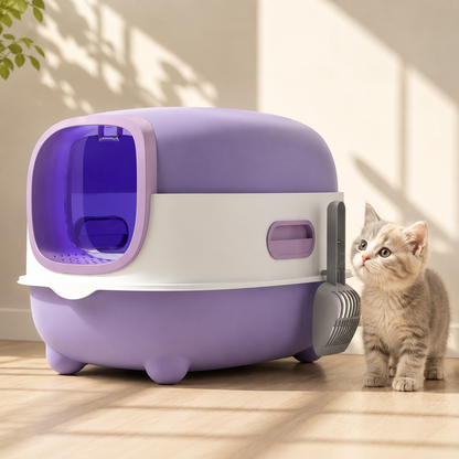 Modern Oversized Enclosed Cat Litter Box with Optional UV Sterilization