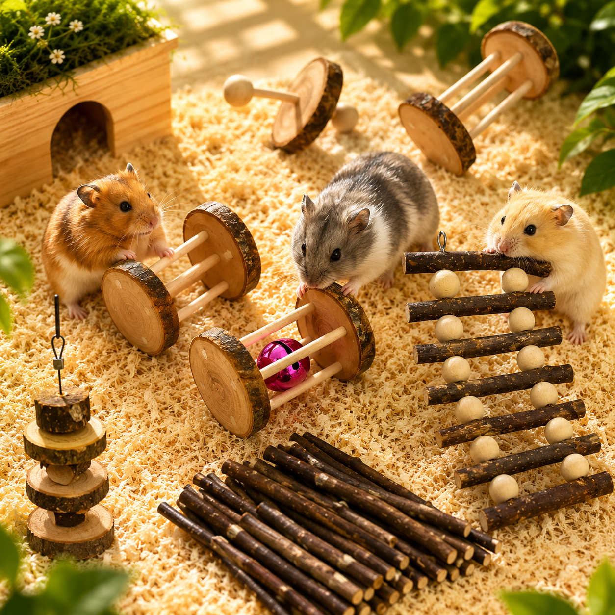 Natural Apple Wood Chew & Play Toy Set for Small Pets