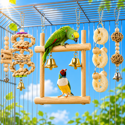 8-Piece Natural Wood Parrot Toy & Swing Set
