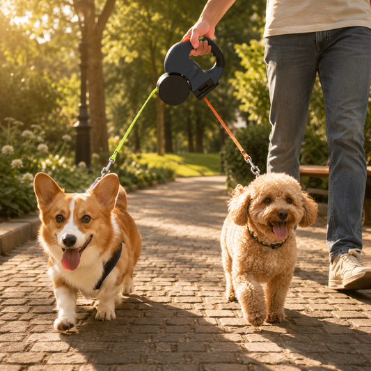 Retractable Dual Dog Leash with 360° Swivel & Flash Light