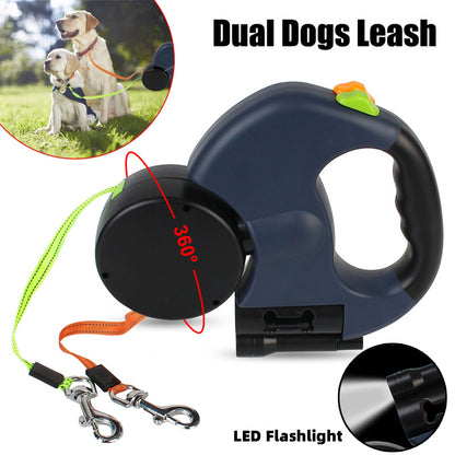 Retractable Dual Dog Leash with 360° Swivel & Flash Light
